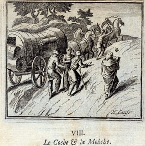 Il carro e la mosca. Favole di Jean de La Fontaine (1621-95). Illustrazione di François Chauveau (1613-1676). Edizione del 1728.