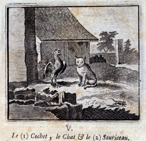 Il gallo, il gatto e il topo. Favole di Jean de La Fontaine (1621-95). Illustrazione di François Chauveau (1613-1676). Edizione del 1728.