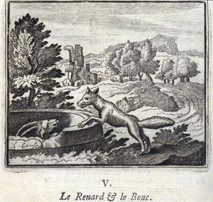 La volpe e il caprone. Favole di Jean de La Fontaine. Illustrazione di François Chauveau. Edizione del 1728