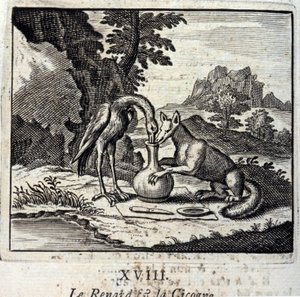 La volpe e la cicogna. Favole di Jean de La Fontaine (1621-95). Illustrazione di François Chauveau (1613-1676). Edizione del 1728