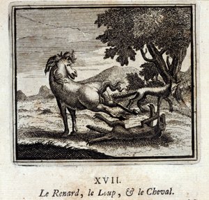 La Volpe, il Lupo e il Cavallo. Favole di Jean de La Fontaine (1621-95). Illustrazione di François Chauveau (1613-1676). Edizione del 1728
