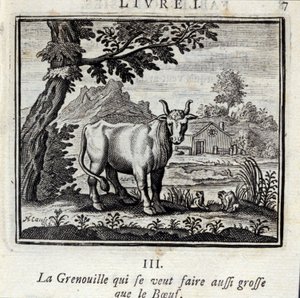La Rana che vuole diventare grande come il Bue. Favole di Jean de La Fontaine (1621-95). Illustrazione di François Chauveau (1613-1676). Edizione del 1728