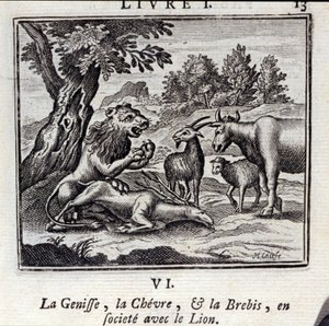 La Giovenna, il Bue e la Pecora in società con il Leone. Favole di Jean de La Fontaine (1621-95). Illustrazione di François Chauveau (1613-1676). Edizione del 1728 da Francois Chauveau