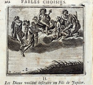 Gli Dei che vogliono insegnare a un figlio di Giove. Favole di Jean de La Fontaine (1621-95). Illustrazione di François Chauveau (1613-1676). Edizione del 1728 da Francois Chauveau