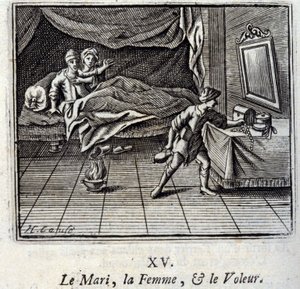 Il marito, la moglie e il ladro. Favole di Jean de La Fontaine. Illustrazione di François Chauveau. Edizione del 1728