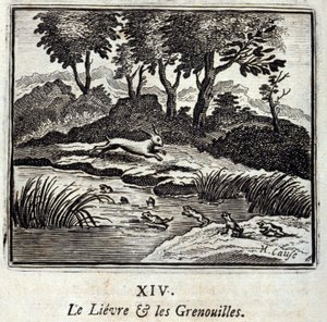La lepre e le rane. Favole di Jean de La Fontaine (1621-95). Illustrazione di François Chauveau (1613-1676). Edizione del 1728 da Francois Chauveau
