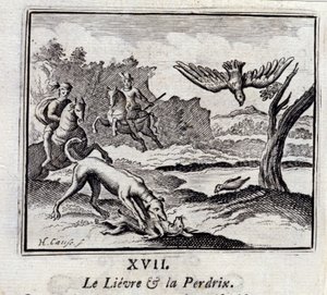 La lepre e la pernice. Favole di Jean de La Fontaine (1621-95). Illustrazione di François Chauveau (1613-1676). Edizione del 1728