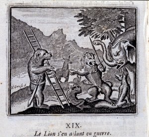 Il leone che va in guerra. Favole di Jean de La Fontaine (1621-95). Illustrazione di François Chauveau (1613-1676). Edizione del 1728
