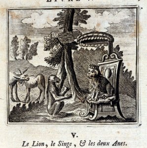 Il leone, la scimmia e i due asini. Favole di Jean de La Fontaine (1621-95). Illustrazione di François Chauveau (1613-1676). Edizione del 1728 da Francois Chauveau