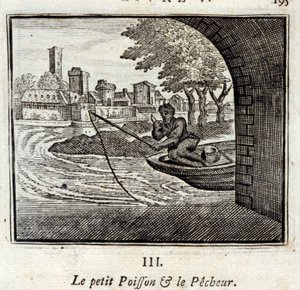 Il pesciolino e il pescatore. Favole di Jean de La Fontaine (1621-95). Illustrazione di François Chauveau (1613-1676). Edizione del 1728. da Francois Chauveau