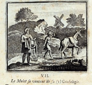 Il cefalo che si vanta della sua genealogia. Favole di Jean de La Fontaine (1621-95). Illustrazione di François Chauveau (1613-1676). Edizione del 1728.