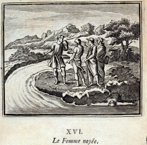 La Donna Annegata. Favole di Jean de La Fontaine (1621-95). Illustrazione di François Chauveau (1613-1676). Edizione del 1728 da Francois Chauveau