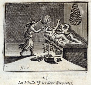 La vecchia signora e i due servi. Favole di Jean de La Fontaine. Illustrazione di François Chauveau. Edizione del 1728 da Francois Chauveau