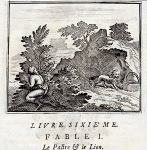 La pantera e il leone. Favole di Jean de La Fontaine. Illustrazione di François Chauveau. Edizione del 1728 da Francois Chauveau
