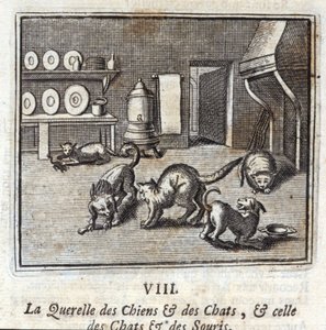 La querelle tra cani e gatti, e quella tra gatti e topi. Favole di Jean de La Fontaine. Illustrazione di François Chauveau. Edizione del 1728. da Francois Chauveau