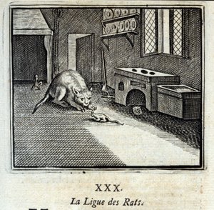 La Lega dei Ratti. Favole di Jean de La Fontaine (1621-95). Illustrazione di François Chauveau (1613-1676). Edizione del 1728 da Francois Chauveau