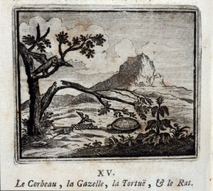 Il corvo, la gazzella, la tartaruga e il topo. Favole di Jean de La Fontaine (1621-95). Illustrazione di François Chauveau (1613-1676). Edizione del 1728.