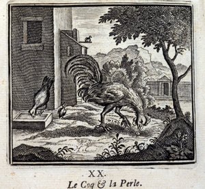 Il gallo e la perla. Favole di Jean de La Fontaine (1621-95). Illustrazione di François Chauveau (1613-1676). Edizione del 1728