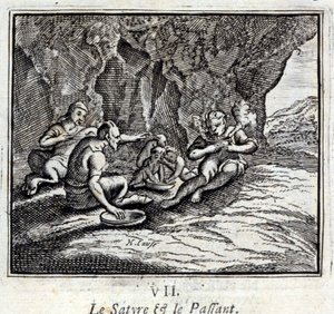 Il Satiro e il Passeggero. Favole di Jean de La Fontaine (1621-95). Illustrazione di François Chauveau (1613-1676). Edizione del 1728 da Francois Chauveau
