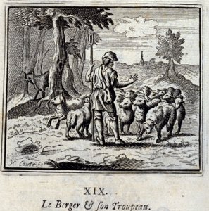 Il Pastore e il suo gregge. Favole di Jean de La Fontaine (1621-95). Illustrazione di François Chauveau (1613-1676). Edizione del 1728 da Francois Chauveau