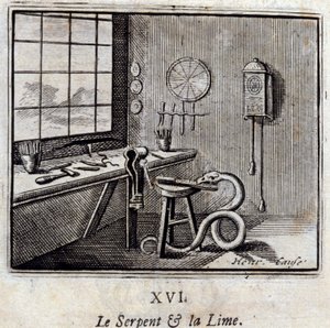 Il serpente e la calce. Favole di Jean de La Fontaine (1621-95). Illustrazione di François Chauveau (1613-1676). Edizione del 1728