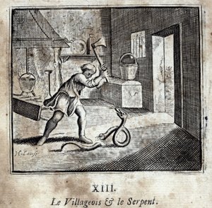 Il villano e il serpente. Favole di Jean de La Fontaine. Illustrazione di François Chauveau. Edizione del 1728. da Francois Chauveau