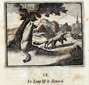 Il lupo e la volpe. Favole di Jean de La Fontaine. Illustrazione di François Chauveau. Edizione del 1728.