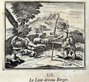 Il lupo diventato pastore. Favole di Jean de La Fontaine. Illustrazione di François Chauveau. Edizione del 1728 da Francois Chauveau