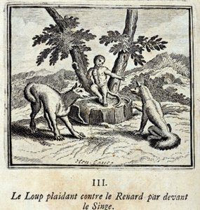 Il lupo che accusa la volpe davanti alla scimmia. Favole di Jean de La Fontaine (1621-95). Illustrazione di François Chauveau (1613-1676). Edizione del 1728