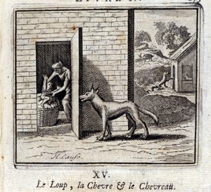 Il lupo, la capra e il capretto. Favole di Jean de La Fontaine. Illustrazione di François Chauveau. Edizione del 1728