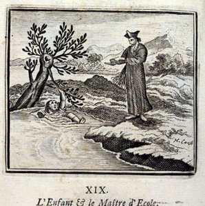 Il bambino e il maestro di scuola. Favole di Jean de La Fontaine (1621-95). Illustrazione di François Chauveau (1613-1676). Edizione del 1728