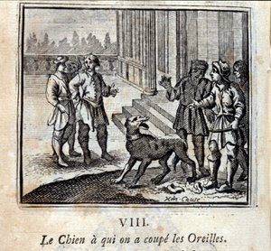 Il cane a cui hanno tagliato le orecchie. Favole di Jean de La Fontaine. Illustrazione di François Chauveau. Edizione del 1728 da Francois Chauveau