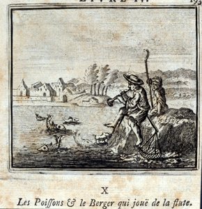 Il pesce e il pastore che suona il flauto. Favole di Jean de La Fontaine. Illustrazione di François Chauveau. Edizione del 1728