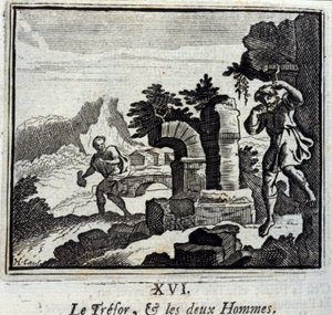 Il tesoro e i due uomini. Favole di Jean de La Fontaine (1621-95). Illustrazione di François Chauveau (1613-1676). Edizione del 1728 da Francois Chauveau