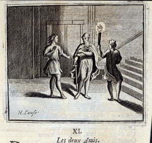 I due amici. Favole di Jean de La Fontaine (1621-95). Illustrazione di François Chauveau (1613-1676). Edizione del 1728 da Francois Chauveau
