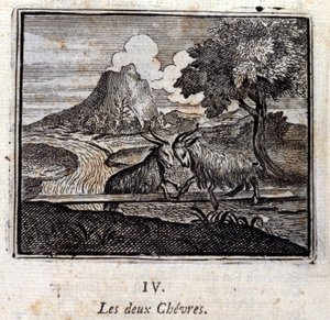 Le due capre. Favole di Jean de La Fontaine (1621-95). Illustrazione di François Chauveau (1613-1676). Edizione del 1728