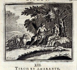 Tircis e Amaranto. Favole di Jean de La Fontaine (1621-95). Illustrazione di François Chauveau (1613-1676). Edizione del 1728 da Francois Chauveau