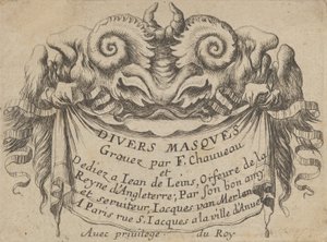 Tavola del titolo con due teste di satiro, da Divers Masques da Francois Chauveau