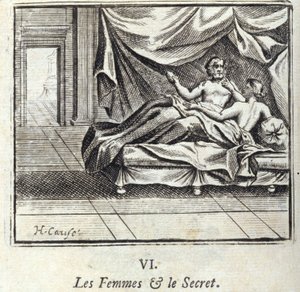 Le donne e il segreto. Favole di Jean de La Fontaine. Illustrazione di François Chauveau. Edizione del 1728.