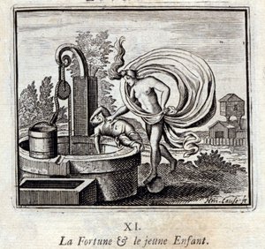 La Fortuna e il Bambino. Favole di Jean de La Fontaine (1621-95). Illustrazione di François Chauveau (1613-1676). Edizione del 1728 da Francois Chauveau