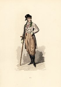 Uomo in cappotto largo, panciotto, pantaloni e stivali da Francois Claudius (after) Compte Calix