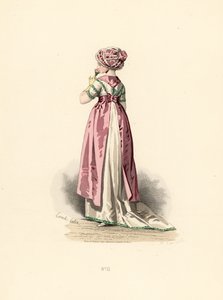 Donna in abito bianco e corsetto con rifiniture verdi, grembiule rosa da Francois Claudius (after) Compte Calix