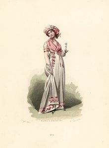 Donna in abito bianco, fichu rosa e corsage da Francois Claudius (after) Compte Calix