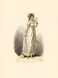 Donna in abito bianco con rifiniture gialle con ventaglio da Francois Claudius (after) Compte Calix