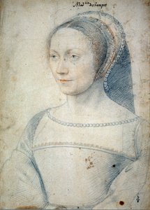 Ritratto di Anna di Pisseleu, moglie di Jean de Brush, Duchessa di Etampes (1508 - 1576). Disegno con pietra nera e sanguigna di Francois Clouet (1515-1572)