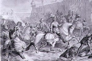 La presa di Calais da parte di Francesco, 2° duca di Guisa (1519-63) nel 1558, inciso da Amedee Felix Barthelemy Geilee (1802-43) da Francois Edouard (after) Picot