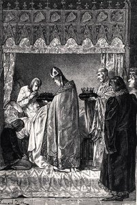 Carlo V (1338-80) sul letto di morte, riceve la corona di spine con grande devozione religiosa, da 