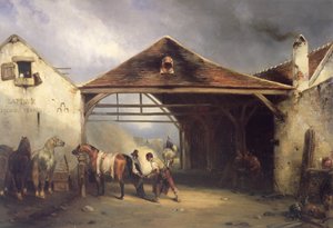 Un maniscalco che ferra un cavallo