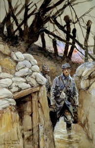 Prima Guerra Mondiale: un soldato di corvée di zuppa nella trincea Notre-Dame-de-Lorette 28/06/1915 (acquerello di Francois Flameng)