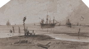 Navi ancorate al largo in un mare calmo da Francois Louis Thomas Francia
